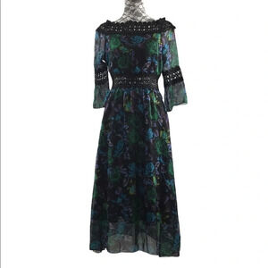 HJW Black Green Floral Lace Off Shoulder Midi Dress‎ Small Bell Dark Romantic